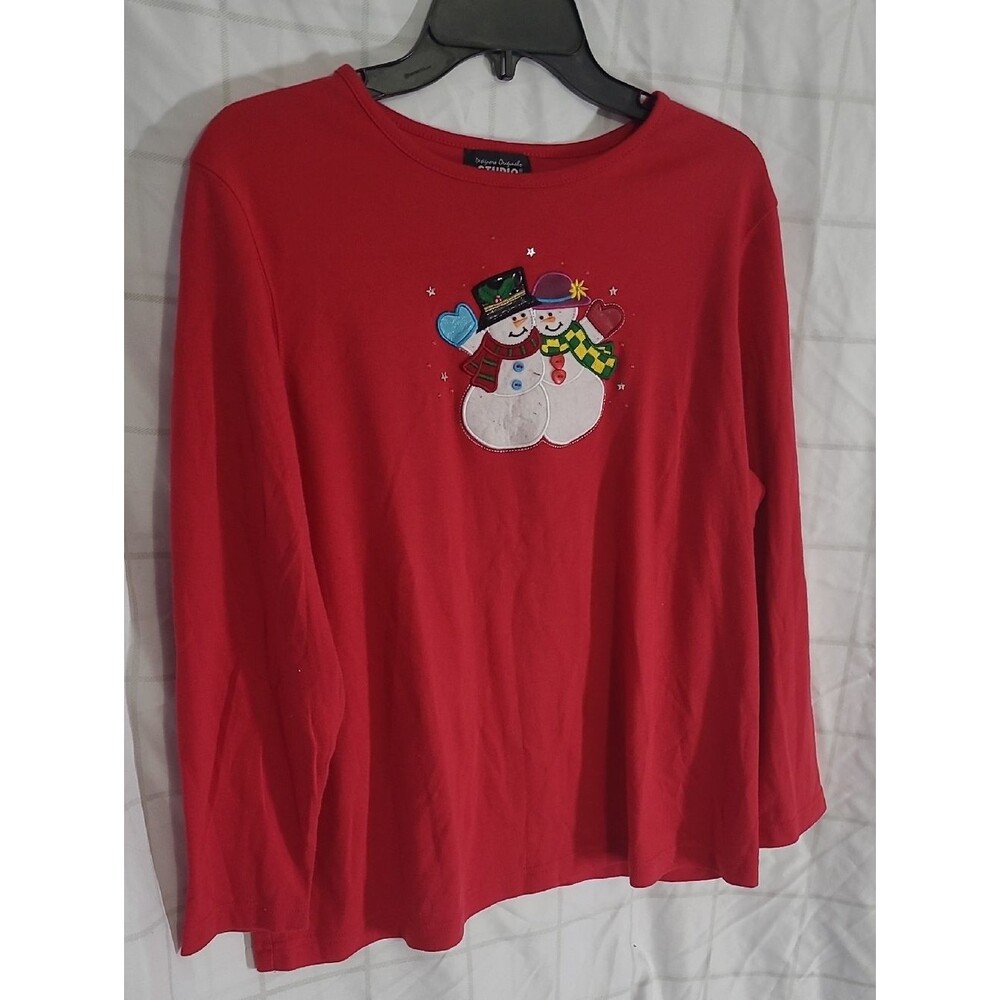 Designers Originals Womens 1X Red Long-Sleeve Snowman Tee